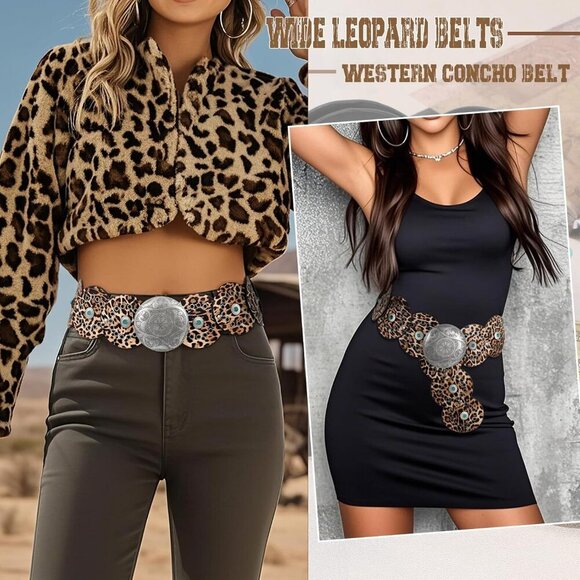 Woman\'s Western PU Leather Belts Concho Disc Wide Waist Belt Leopard Silver main image 6